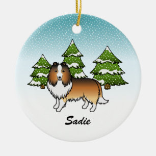 Adorno De Cerámica Perro de dibujos animados Sable Sheltie en inviern