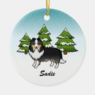 Adorno De Cerámica Perro de dibujos animados Tricolor Sheltie en invi
