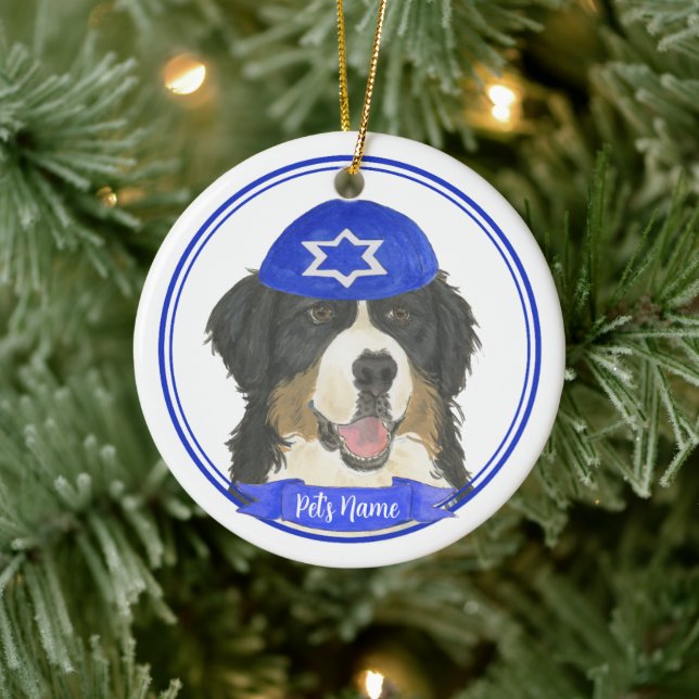 Adorno De Cerámica Perro de montaña Bernés Personalizado Hanukkah Blu (Árbol)