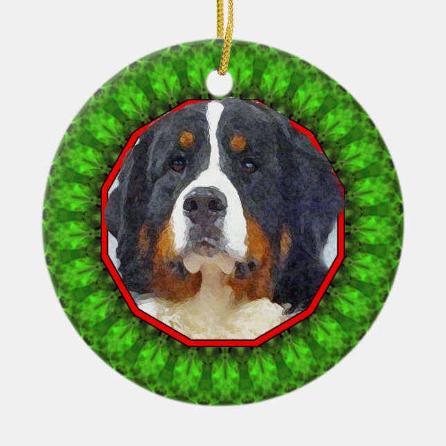 Adorno De Cerámica Perro de montaña de Bernese Howliday feliz (Frente)
