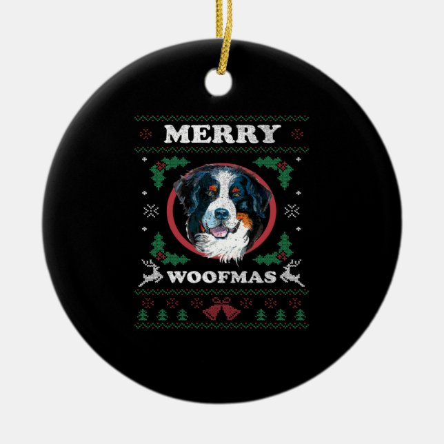 Adorno De Cerámica Perro de montaña de Bernese Merry Woofmas Navidade (Frente)