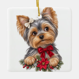 ADORNO DE CERÁMICA PERRO DE NAVIDAD ADORABLE YORKSHIRE TERRIER MONO