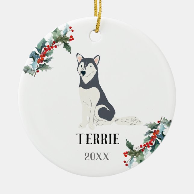 Adorno De Cerámica Perro de Navidades personalizados Husky (Frente)