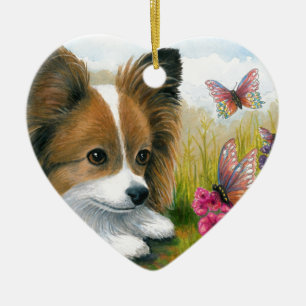 Adorno De Cerámica Perro de Papillon del perro 123 con las mariposas