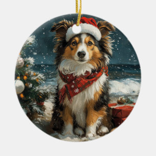 Adorno De Cerámica Perro de pastor de las islas Shetland Navidad Vint