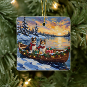 Adorno De Cerámica Perro de pastor de Shetland Navidad Barco Fiesta