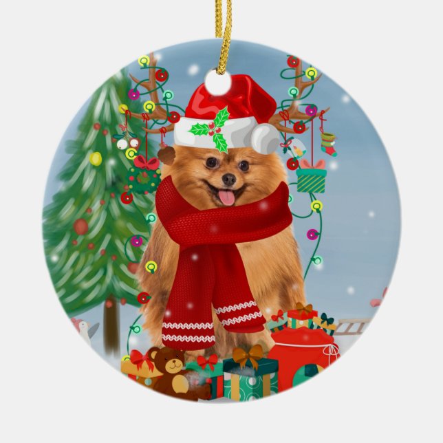 Adorno De Cerámica Perro de Pomerania con regalos de Navidades (Frente)