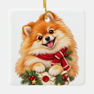 ADORNO DE CERÁMICA PERRO DE POMERANIA NAVIDEÑO ADORABLE