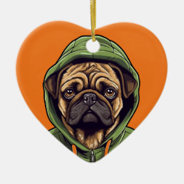Adorno De Cerámica Perro de Pug con capucha verde
