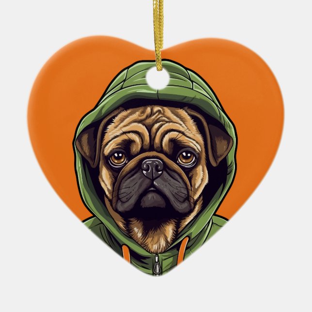 Adorno De Cerámica Perro de Pug con capucha verde (Frente)