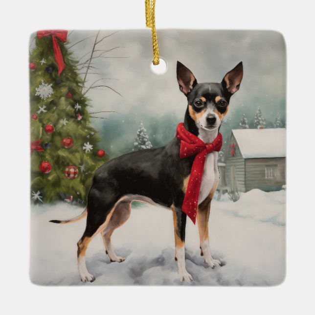 Adorno De Cerámica Perro de Rat Terrier en Navidades de Nieve (Anverso)