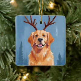 Adorno De Cerámica Perro de raza Retriever Dorado con cuernos de Reno