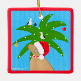 Adorno De Cerámica Perro de Santa Dorada recortando el árbol de palma