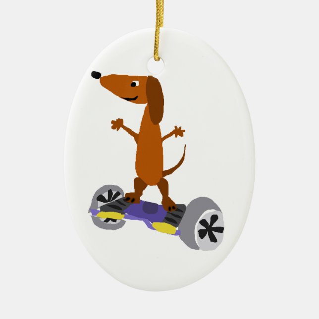 Adorno De Cerámica Perro divertido del Dachshund en Hoverboard (Frente)