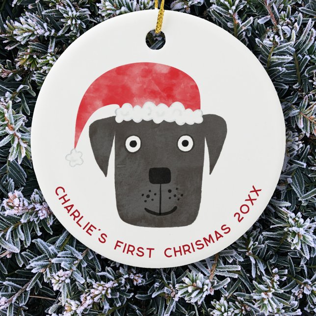 Adorno De Cerámica Perro divertido primera Navidad personalizado (Fun Black Labrador Retriever Dog personalized name first christmas date ceramic ornament)