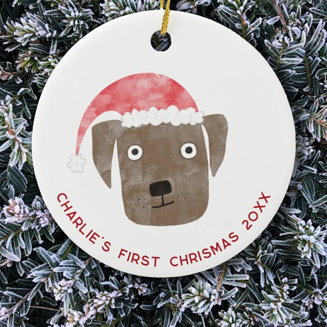 Adorno De Cerámica Perro divertido primera Navidad personalizado (Chocolate Brown Labrador Retriever Dog personalized name first christmas date ceramic ornament
)