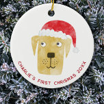 Adorno De Cerámica Perro divertido primera Navidad personalizado<br><div class="desc">Perro lindo y adorable en un sombrero de Santa Navidad rojo. Cambie el nombre,  la fecha y el texto para personalizar. Arte original de Nic Squirrell.</div>