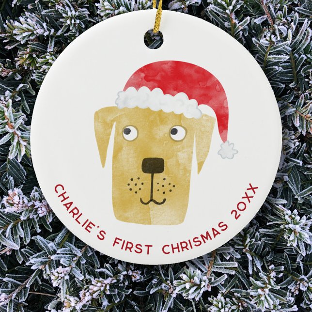 Adorno De Cerámica Perro divertido primera Navidad personalizado (Fun Yellow Golden Labrador Retriever Dog personalized name first christmas date ceramic ornament)