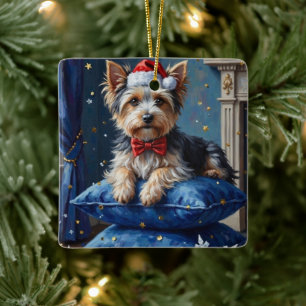 Adorno De Cerámica Perro elegante Biewer Terrier terciopelo Navidad