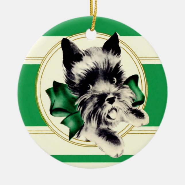 Adorno De Cerámica Perro escocés aterrador con arco verde (Frente)