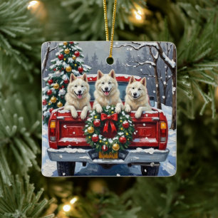 Adorno De Cerámica Perro Esquimal Americano Camión Rojo Navidad Fiest