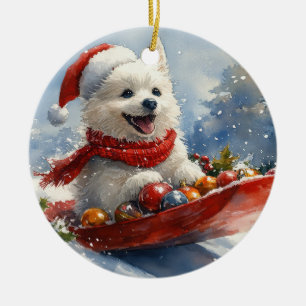 Adorno De Cerámica Perro Esquimal Americano en Trineo Deja que Nieve