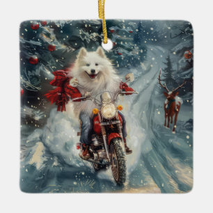 Adorno De Cerámica Perro Esquimal Americano Montando Motocicleta Navi