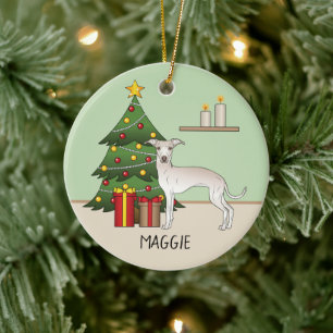 Adorno De Cerámica Perro Galgo Italiano Crema Con Un Árbol De Navidad
