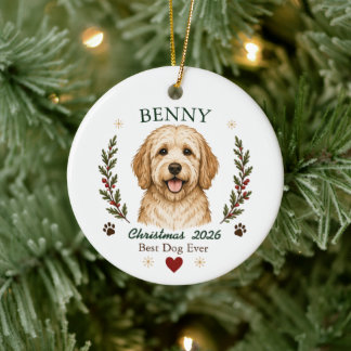 Adorno De Cerámica Perro Goldendoodle personalizado de Navidad