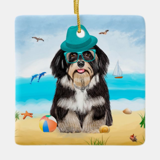 Adorno De Cerámica Perro habanés en la playa (Anverso)