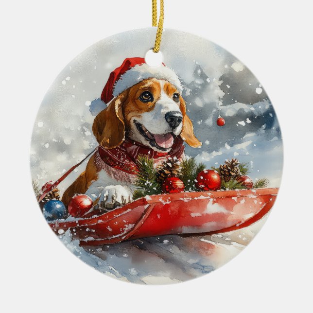 Adorno De Cerámica Perro hebiondo basset en escabeche deja que nieve  (Frente)