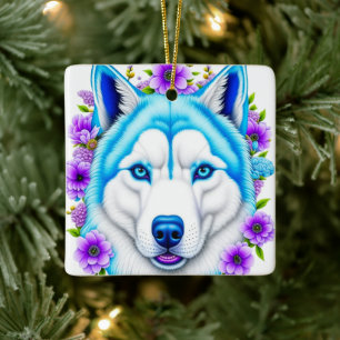 Adorno De Cerámica Perro Husky con ojos azules y flores Navidad