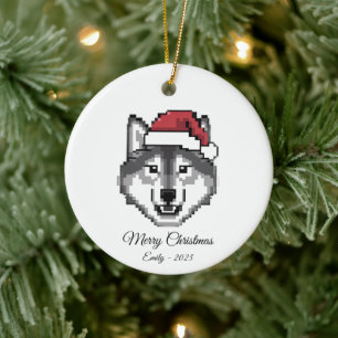 Adorno De Cerámica Perro Husky de Pixel Art con sombrero de Santa reg