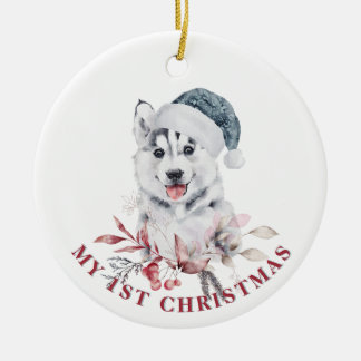 Adorno De Cerámica Perro Husky primero Navidades lindo perro cachorro