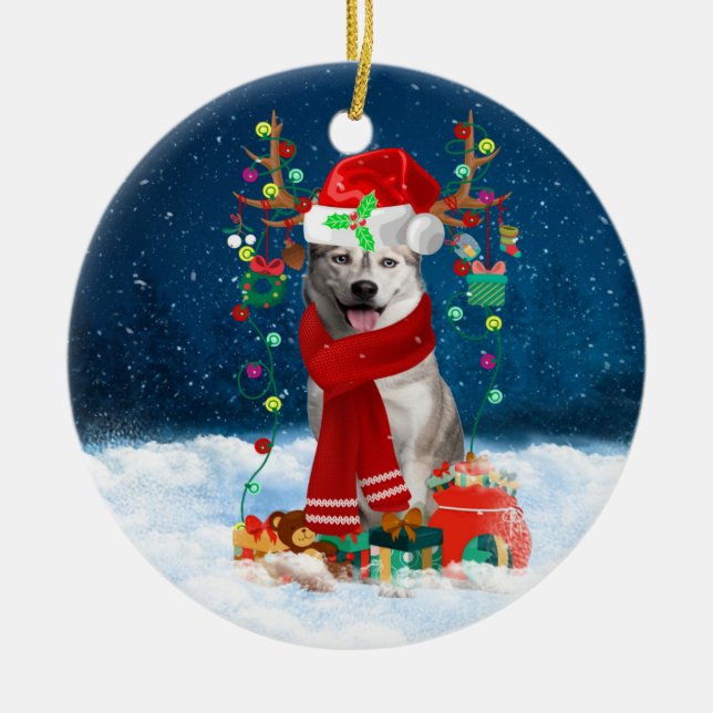 Adorno De Cerámica Perro Husky siberiano con regalos de Navidades (Frente)