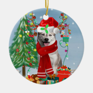 Adorno De Cerámica Perro Husky Siberiano en Navidades de nieve