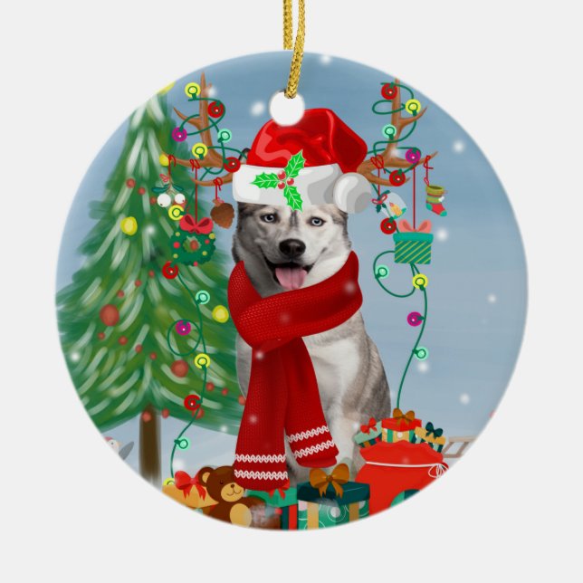 Adorno De Cerámica Perro Husky Siberiano en Navidades de nieve (Frente)