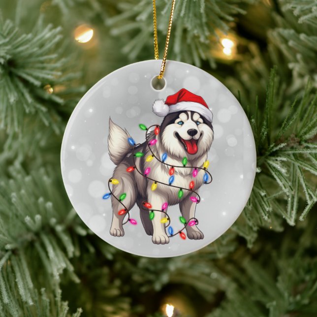 Adorno De Cerámica Perro Husky Siberiano envuelto en luces Navidades (Árbol)