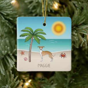 Adorno De Cerámica Perro Iggy Beige y Blanco En Una Playa Tropical De