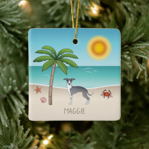 Adorno De Cerámica Perro Iggy Blanco y Azul en una Playa Tropical de