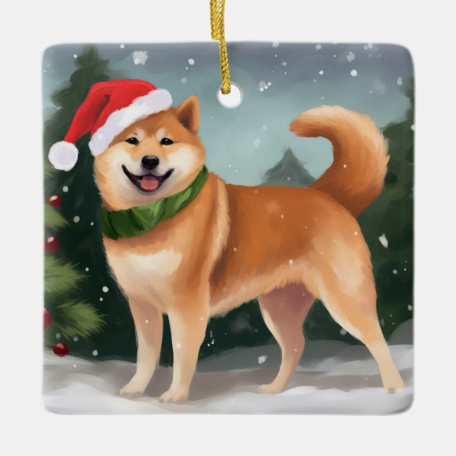 Adorno De Cerámica Perro Inu Shiba en Navidades de Nieve (Anverso)