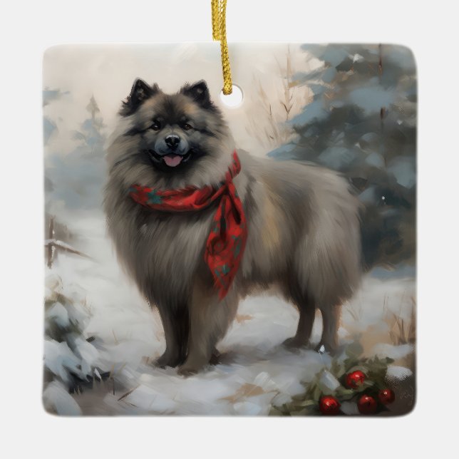 Adorno De Cerámica Perro Keeshond en Navidades de nieve (Anverso)