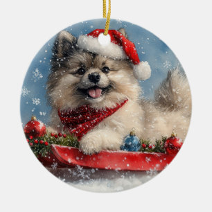 Adorno De Cerámica Perro Keeshond en Trineo Deja que Nieve Navidad