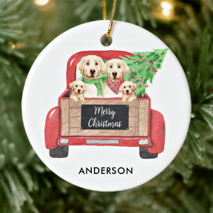 Adorno De Cerámica Perro Labrador Amarillo Camión Rojo de Navidad Vin