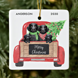Adorno De Cerámica Perro Labrador Negro Camión Rojo de Navidad Vintag