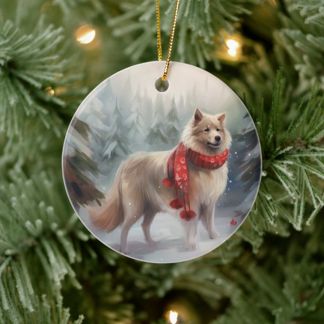 Adorno De Cerámica Perro lappund finlandés en Navidades de nieve (Árbol)