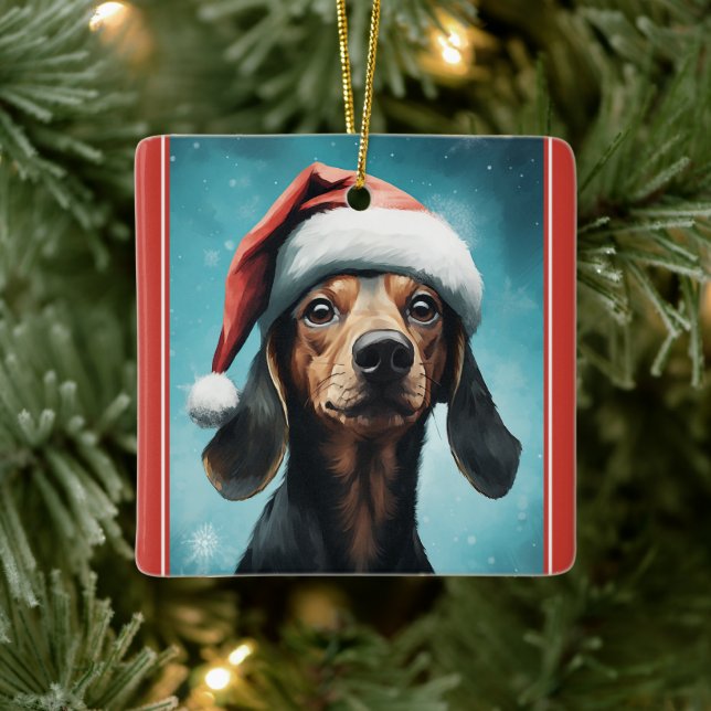 Adorno De Cerámica Perro lindo con Navidades de Santa Hat Dachshund (Árbol)