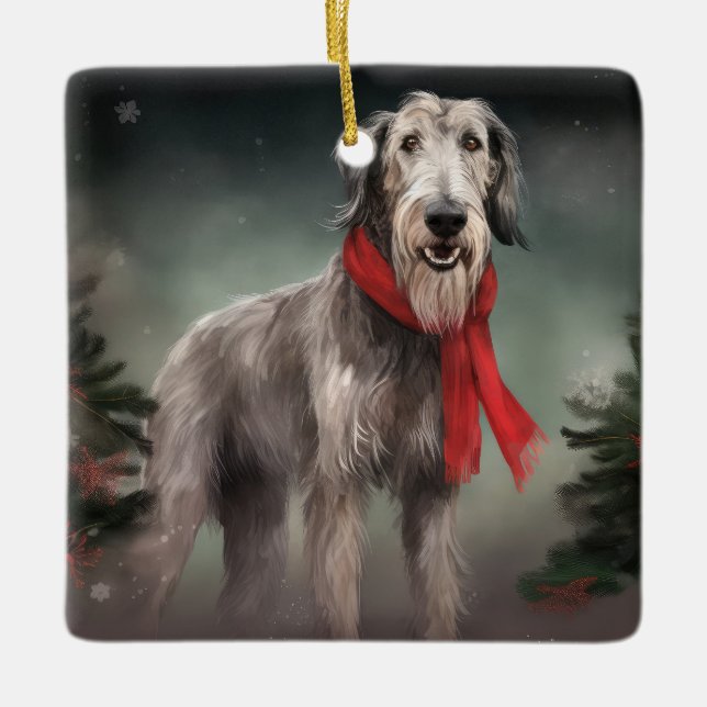 Adorno De Cerámica Perro lobo en Navidades de nieve (Anverso)