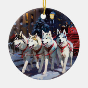 Adorno De Cerámica Perro lobo siberiano Temporada festiva de Navidad