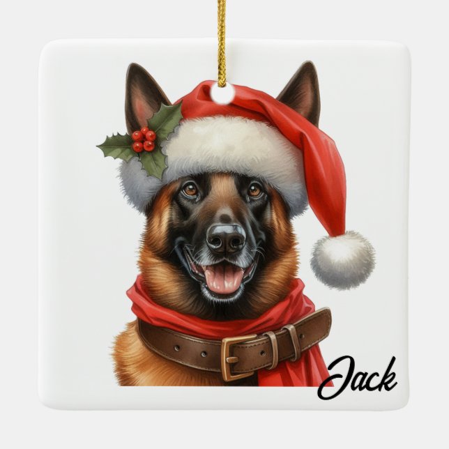 Adorno De Cerámica Perro Malinois Belga Feliz Personalizado con Sombr (Reverso)
